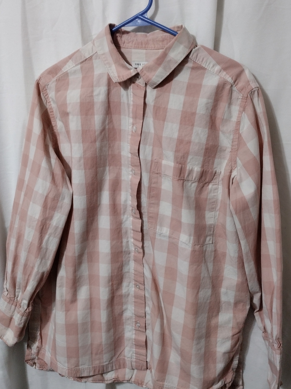 Light Pink and White Check Button-Up Blouse